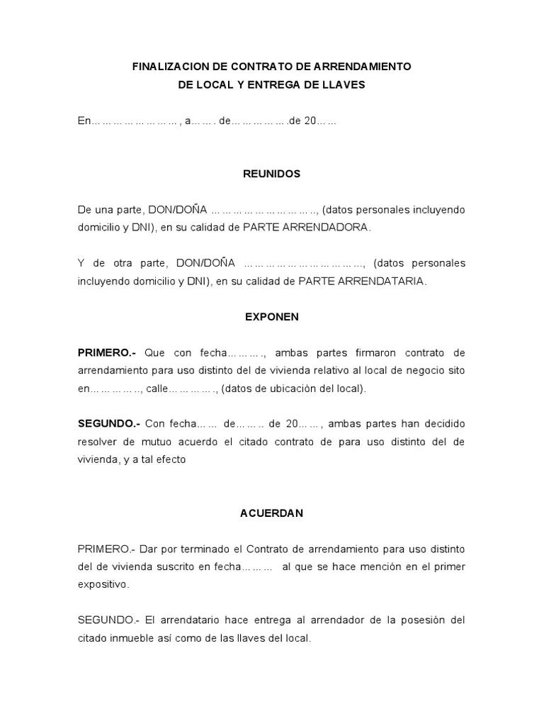 documento fin de contrato de arrendamiento y entrega de llaves - Cómo dar por finalizado un contrato de arrendamiento